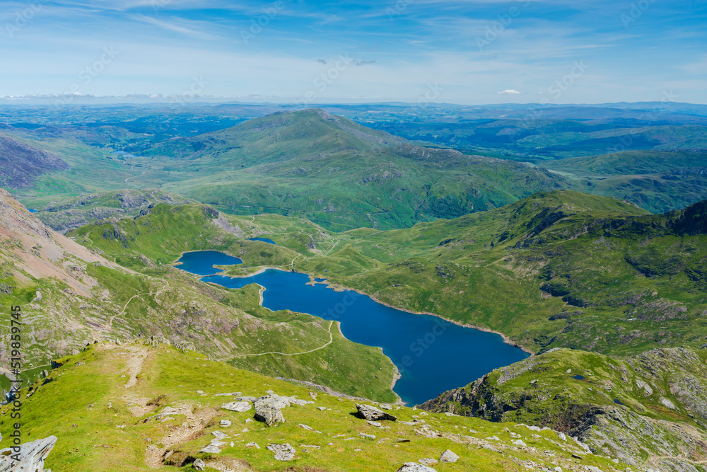 A scenic view from Mount Snowdon summit on a bright sunny day, Wales