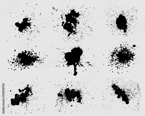 Ink drops and splashes. Blotter spots, liquid paint drip drop splash and ink splatter. Artistic dirty grunge abstract spot vector set. Illustration monochrome drip splash, splat messy inkblot
