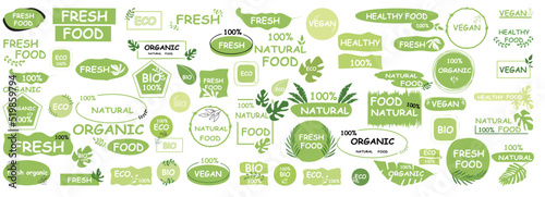 Vector flat illustration. Set 30 eco green design icons. Ideal as an emblem for cafes, badges, tags, packaging.  Eco stickers for labeling package, food, cosmetics. 
