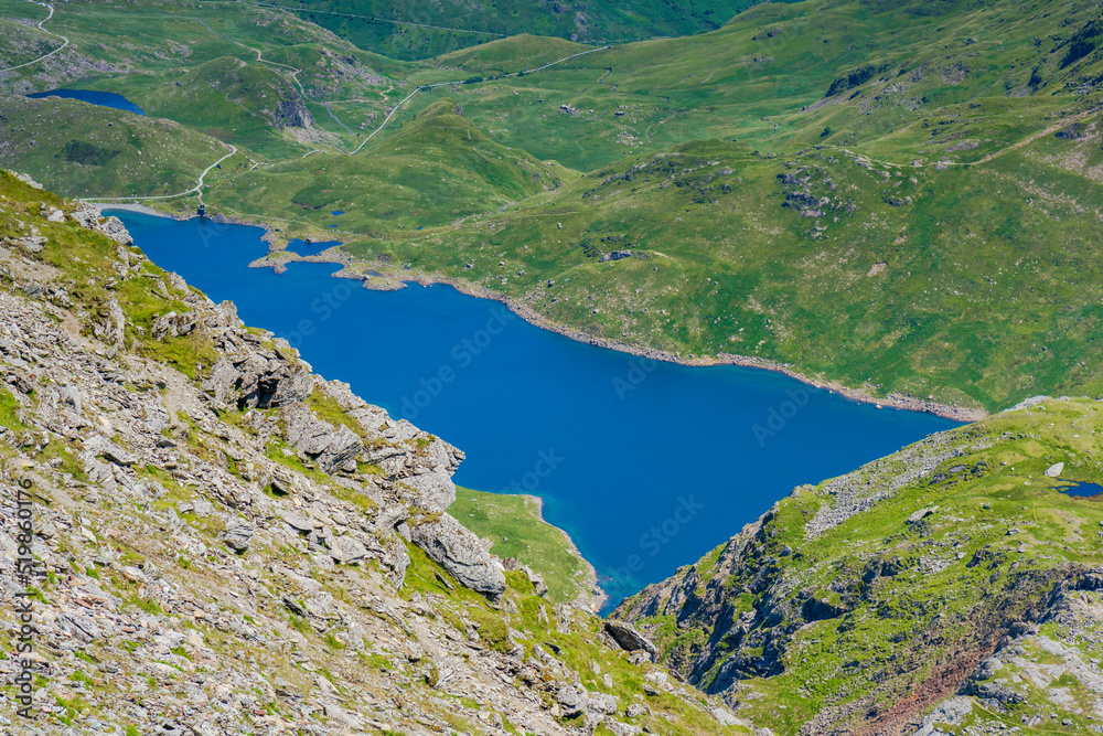 A scenic view from Mount Snowdon on a bright sunny day, Wales A scenic view from Mount Snowdon on a bright sunny day, Wales