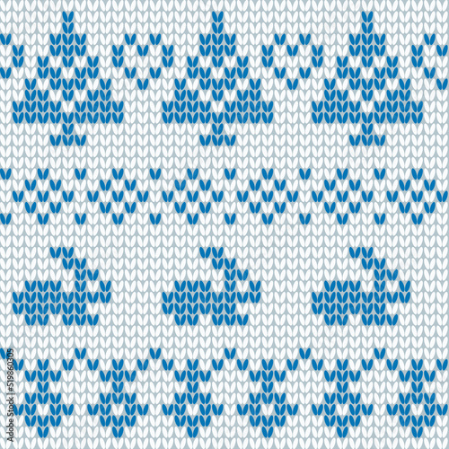 Scandinavian ornamental christmas knitted pattern, blue snowflakes, rabbits, christmas trees
