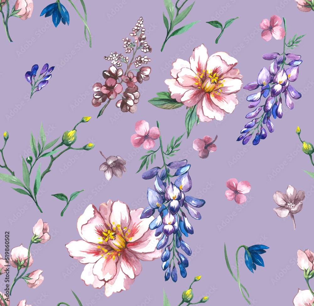 Bright feminine watercolor botanical floral fashionable stylish pattern with peony and anemone flowers pastel lilac background.