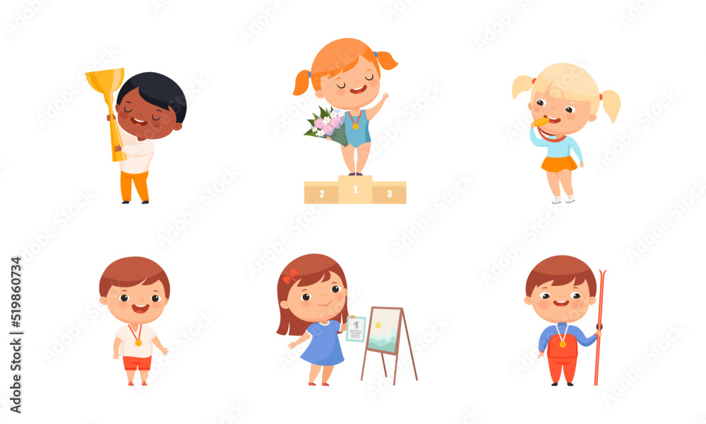 Set of happy boys and girls winners with medal, goblet and certificate vector illustration