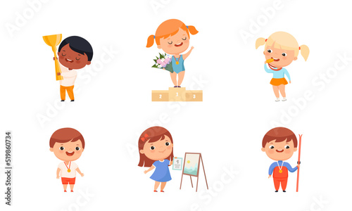 Set of happy boys and girls winners with medal, goblet and certificate vector illustration