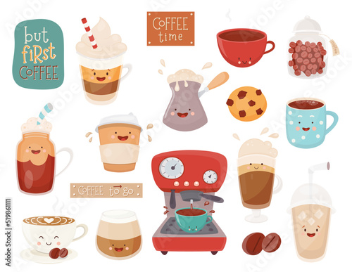 Coffee Clipart Pack. Cartoon Characters and Elements on White Background. Vector Illustration