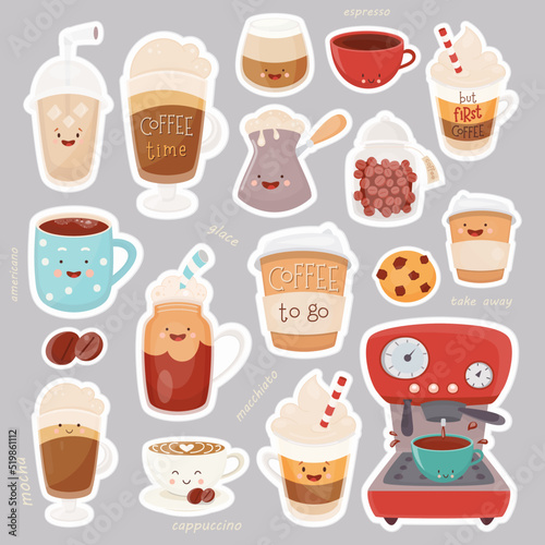 Coffee Sticker Pack. Cartoon Characters for Coffee Lovers. Vector Illustration