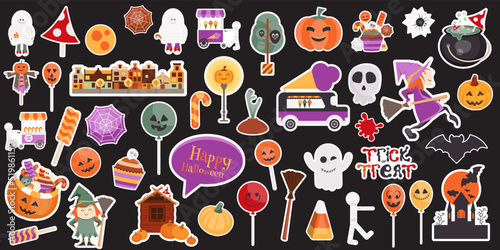 Cartoon Halloween Characters. Halloween Stickers Set Witch, Mummy, Ghost, Pumpkin. Vector Illustration.