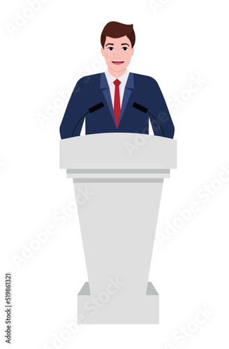 Man near podium. Speaker in suit stand on tribune for speech in conference. Politician speak from podium with microphones. Public orator. President or minister on tribune. Vector.