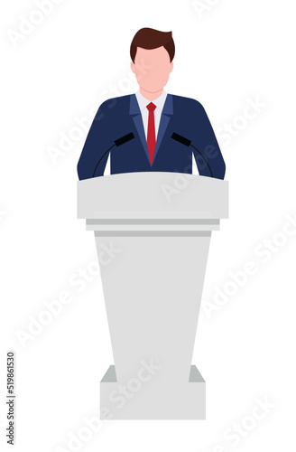 Man near podium. Speaker in suit stand on tribune for speech in conference. Politician speak from podium with microphones. Public orator. President or minister on tribune. Vector.