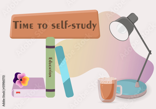 Workspace with table lamp, books and coffee cup. Preparation for exams. The concept of self-education.