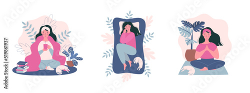 Self care concept illustrations set. Young woman in a cozy blanket drinking tea, sleeping, meditating in a lotus pose. Flat vector illustration.