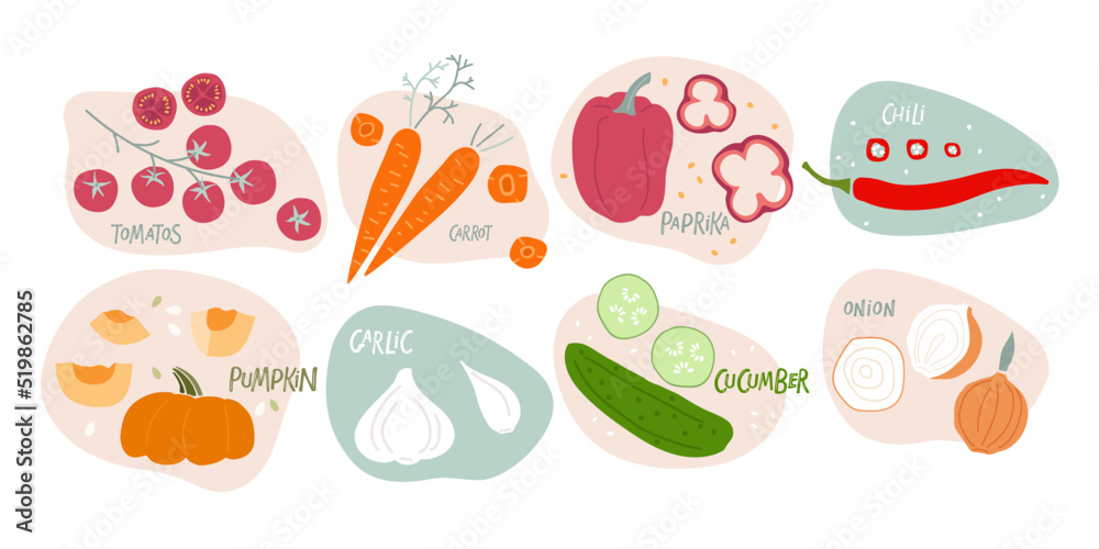 Set flat vector icon of appetizing vegetables. Hand drawn doodle sketch isolated. Funny colored Abstract vector Food template for menu, sticker, logo, detox diet concept, farmers market