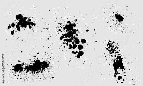 Ink splashes. Black inked splatter dirt stain splattered spray splash with drops blots isolated. Ink splashes stencil. High quality manually traced. Drops blots isolated. Vector illustration