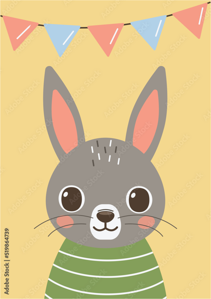 Fototapeta premium Card or poster with cute animal. Festive rabbit. Vector graphic.