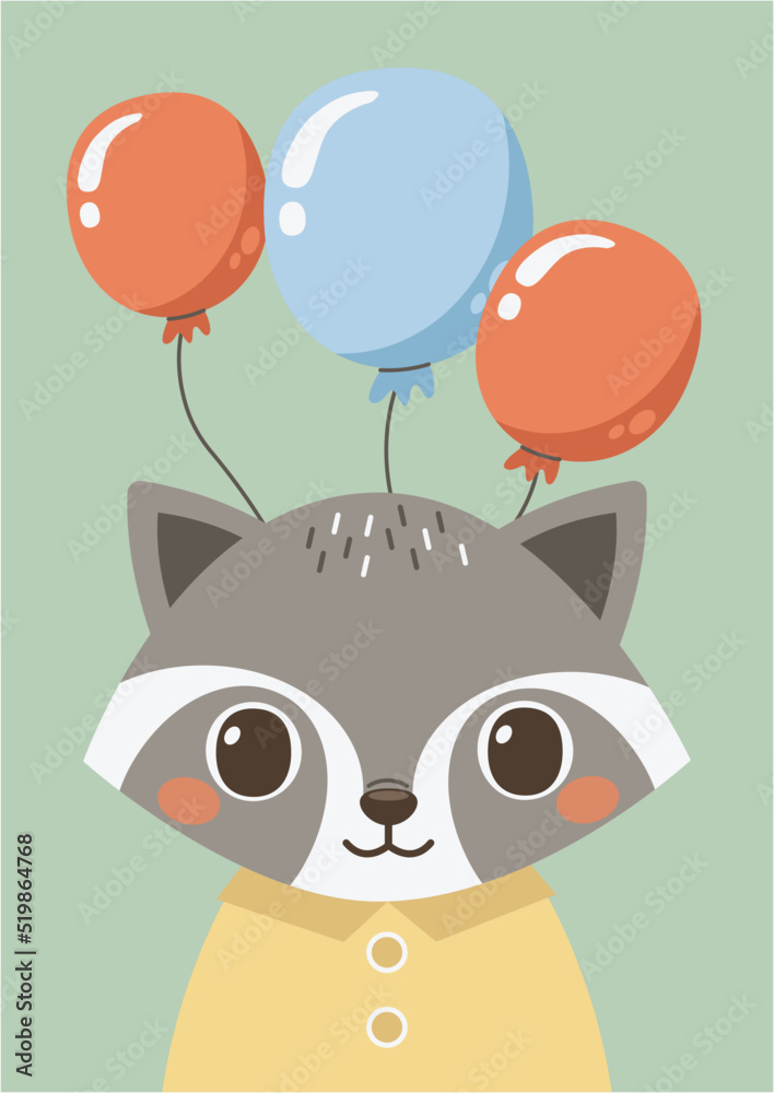 Card or poster with cute animal. Festive raccoon. Vector graphic.	