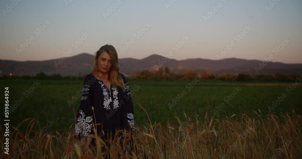 A romantic girl in a national ukrainian dress stands in a wheat field in the rays of the evening setting sun or rising sun, playing with wheat ears, acting on camera A romantic girl in a national ukrainian dress stands in a wheat field in the rays of the evening setting sun or rising sun, playing with wheat ears, acting on camera