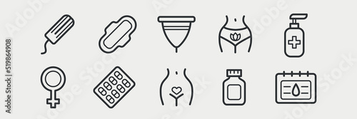 Menstruation line icon set. Sanitary pad and periods. Personal intimate hygiene. Menstrual cup. Vector illustartion