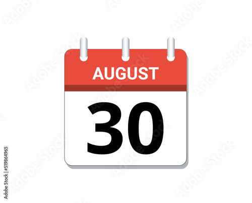 August, 30th calendar icon vector, concept of schedule, business and tasks 
