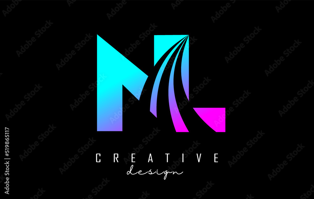 Creative colorful letters NL n l logo with leading lines and road concept design. Letters with geometric design.