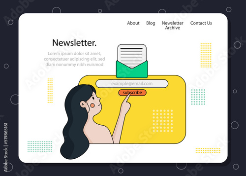 Landing page of newsletter page, with illustration that show you where you should write down your email address and subscribe. 