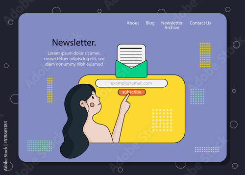 Landing page of newsletter page, with illustration that show you where you should write down your email address and subscribe. 