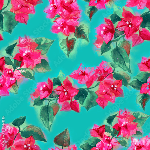 Fototapeta Naklejka Na Ścianę i Meble -  Seamless pattern. Moroccan flowers. A hand-drawn watercolor illustration of a tropical bougainvillea flower, branches with pink flowers and green leaves on a turquoise background. For fabric, printing