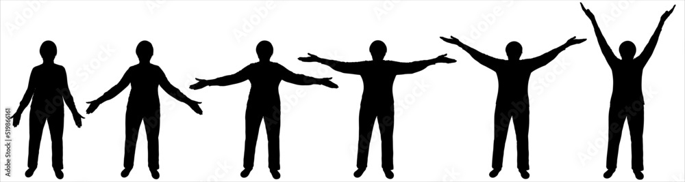 Senior woman doing physical exercises. Women stand in a row and wave their arms to the sides, in different directions. Sports and the elderly. Front view, full face. Six black female silhouettes