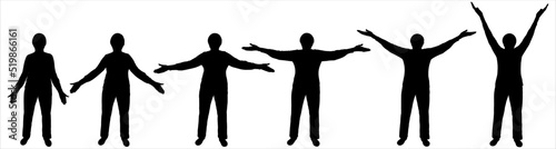 Senior woman doing physical exercises. Women stand in a row and wave their arms to the sides, in different directions. Sports and the elderly. Front view, full face. Six black female silhouettes