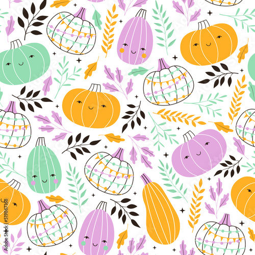 Fototapeta Naklejka Na Ścianę i Meble -  Seamless vector pattern with cute colorful halloween pumpkins and flowers. Hand drawn autumn characters background. Thanksgiving doodle texture for design and print