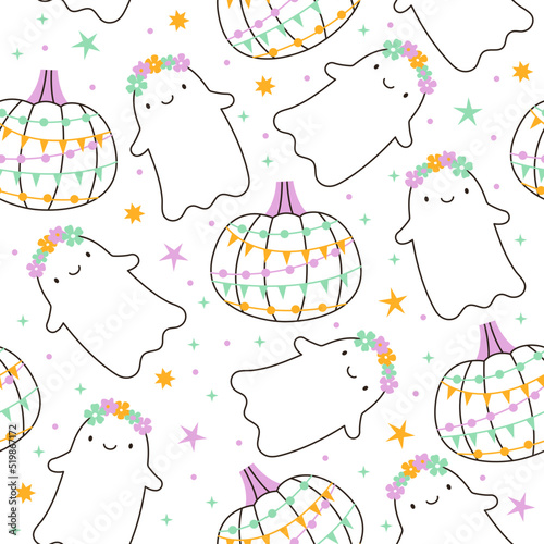 Seamless vector pattern with cute halloween ghosts and pumpkins. Hand drawn magic characters background. Simple friendly creatures texture