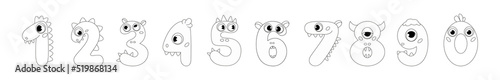 Funny Monsters Colorful Numbers, Cute Fantasy Aliens in the Shape of Numerals. Cartoon numbers from 0 to 9 icons are made in the form of human figures with big eyes and face. Arabic numerals. Vector