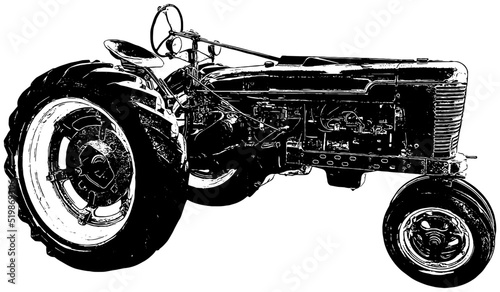 Vintage tractor in black on white background 