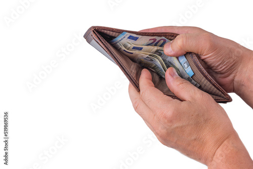 View of man's hands taking out euro banknotes from purse isolated on white background.