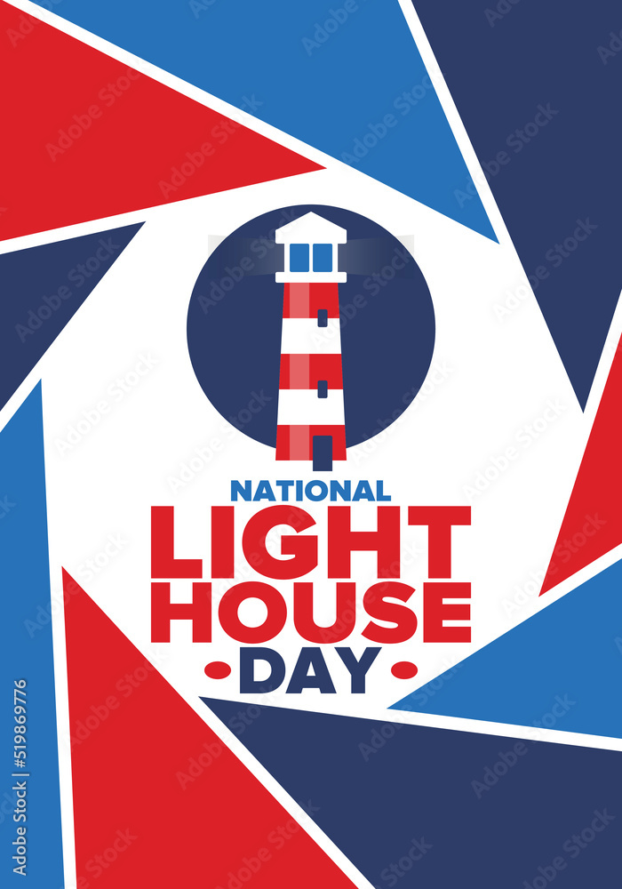 Obraz premium National Lighthouse Day. Holiday, celebrated annual in August 7. Navigational aid for maritime pilots at sea. Design with lighthouse. Poster, greeting card, banner and background. Vector illustration