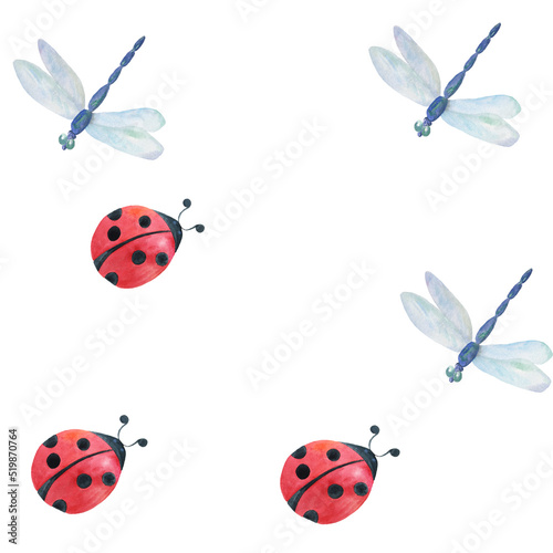 Insects - flying dragonflies and ladybugs. © Natalia