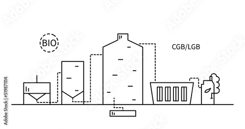 Renewable green power energy from biomass - power plant. Vector lineart illustration.