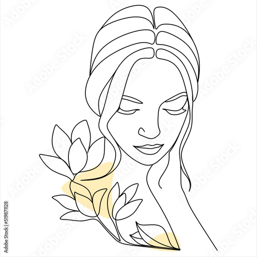 Abstract line art woman with flowers. Minimal artistic female portrait. Modern minimal black and white botanical illustration. Face. Head. Plants
