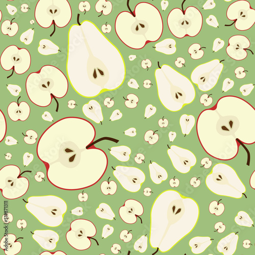 Pattern with apples ande pears, cutaway fruits