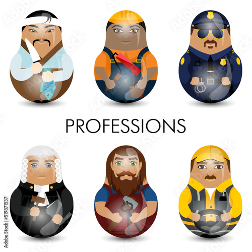 Design tilting toy. Set of people of various professions. Painter, blacksmith, judge, sushi chef, policeman, trucker. Modern kawaii dolls for your business project.