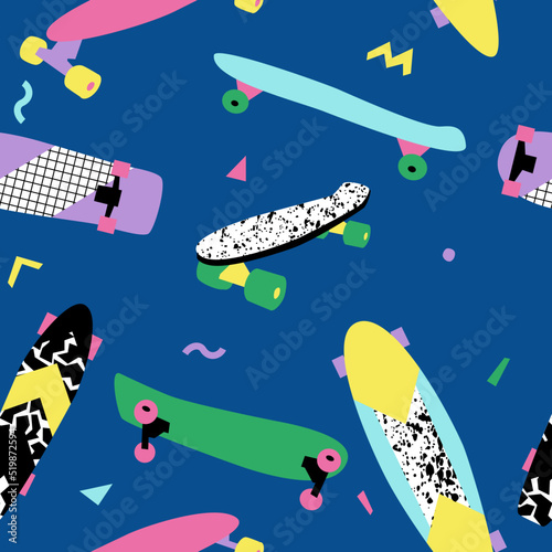 Seamless pattern with cool retro skateboards
