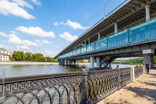 Moscow, Russia, July 25, 2022. City view. Moscow river and its picturesque embankments and Luzhnetsky metro bridge