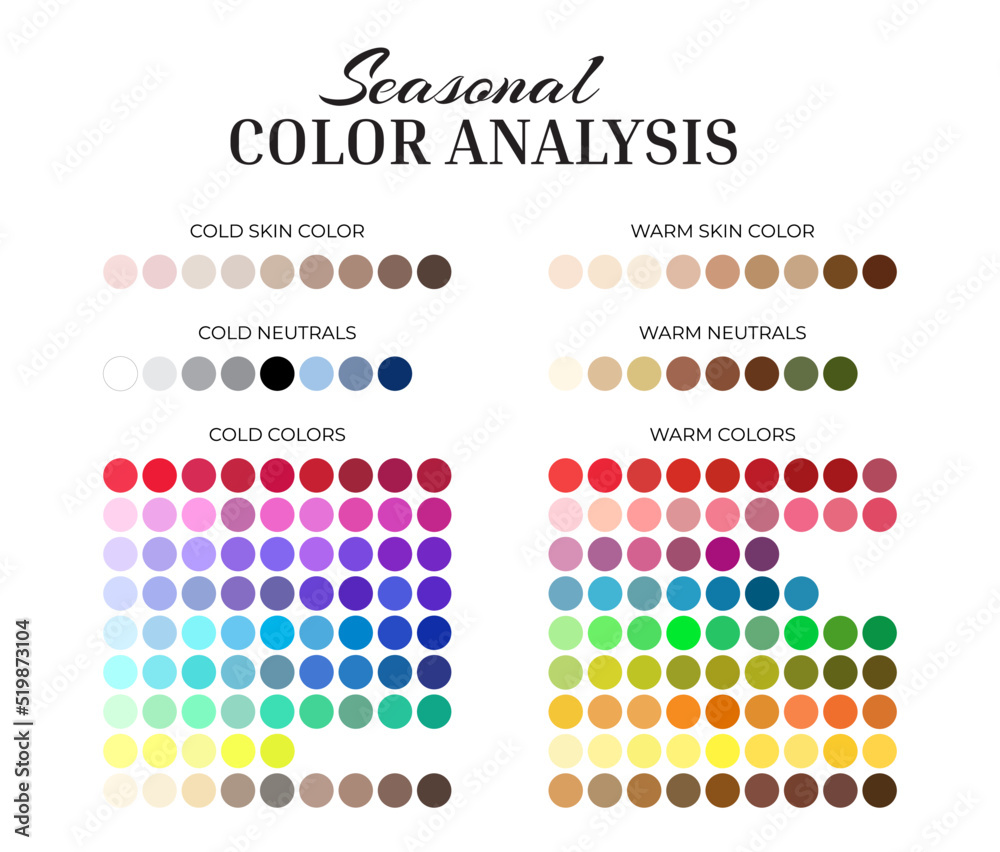 Seasonal Color Analysis Palette with Cold and Warm Color Swatches for Every  Color, Neutrals, Skin Shades Stock Vector