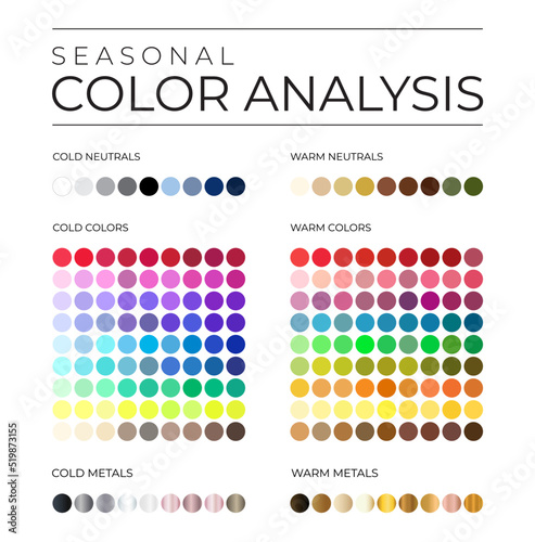 Seasonal Color Analysis Palette with Cold and Warm Color Swatches for Neutrals, Metals and Tint Shades