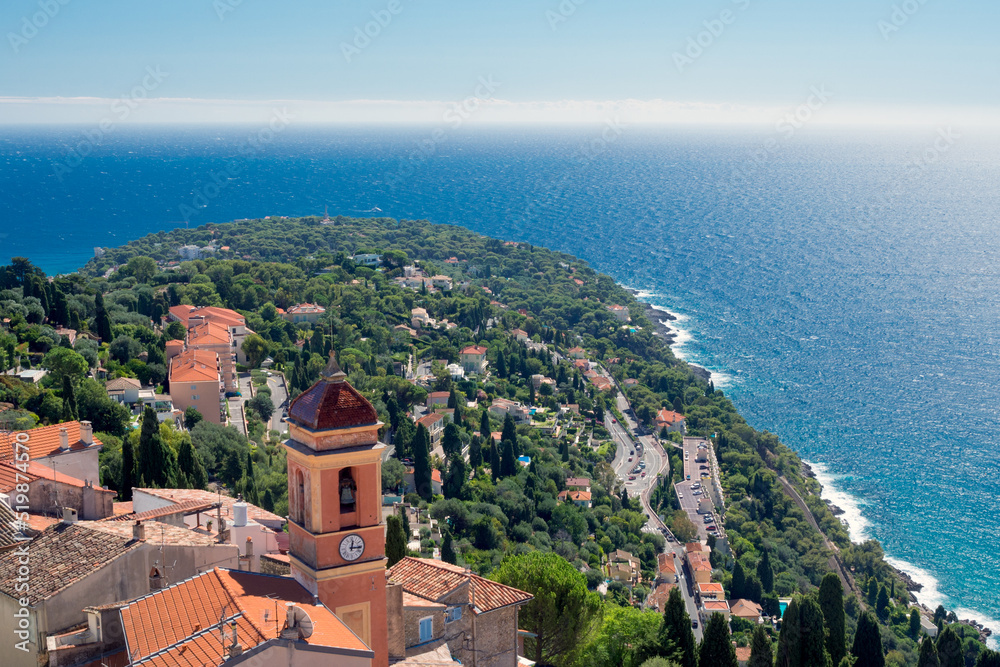 View of the sea and the Cote d'Azur from the fortress of the ancient castle in Roquebrune-Cap-Martin, France on the Mediterranean coast near Monaco. Travel along the Cote d'Azur.