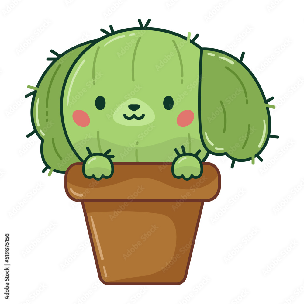 Cute kawaii dog cactus in a flowerpot on white background. Cartoon anime style. Hand drawn doodle plants. Vector illustration for stickers, greeting cards, logo and banners. Cute kawaii dog cactus in a flowerpot on white background. Cartoon anime style. Hand drawn doodle plants. Vector illustration for stickers, greeting cards, logo and banners.