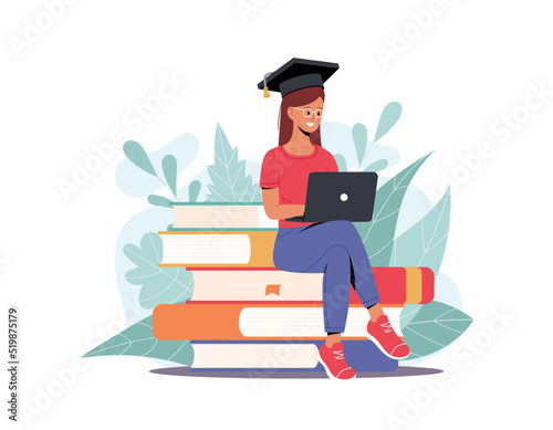 Woman with laptop in graduation cap sitting around pile of books. Concept illustration of online courses, distance studying, self education, digital library. E-learning banner. Online education