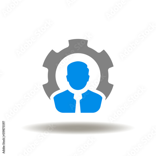 Vector illustration of businessman with gear. Icon of mediator. Symbol of facilitator. Pictogram of mediation or facilitation service.