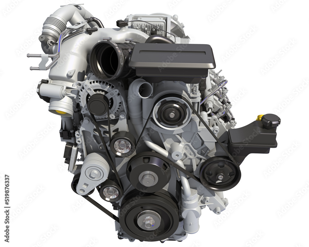 V8 Turbo Car Engine 3D rendering on white background V8 Turbo Car Engine 3D rendering on white background