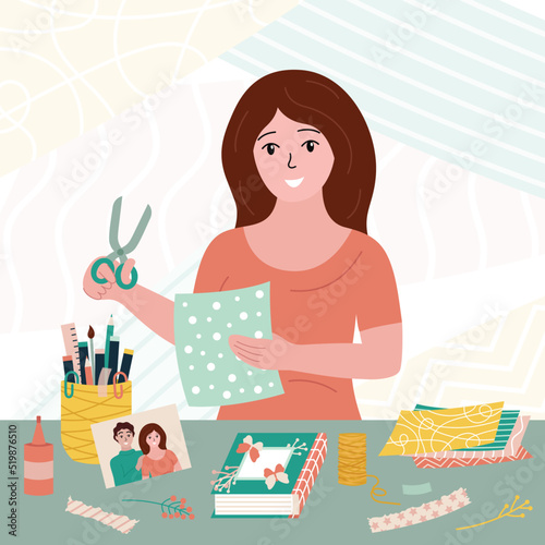 Scrapbooking hobby. Woman with craft supplies. Scrapbook workshop. Handmade decoration things. Smiling girl with scissors cutting craft paper decorating album book at table. Flat vector illustration