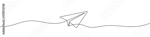 Continuous line drawing of paper plane. Airplane linear icon. One line drawing background. Vector illustration. Travel concept icon.